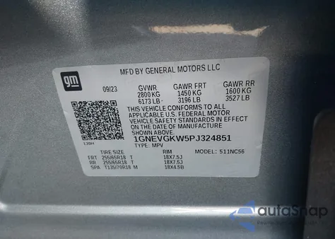 2023 Chevrolet Traverse Awd Lt Cloth z USA, uszkodzony, nr VIN 1GNEVGKW5PJ324851